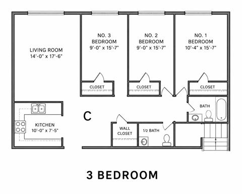 Floor plan for 3 beds, 1.5 baths, 1100 sqft